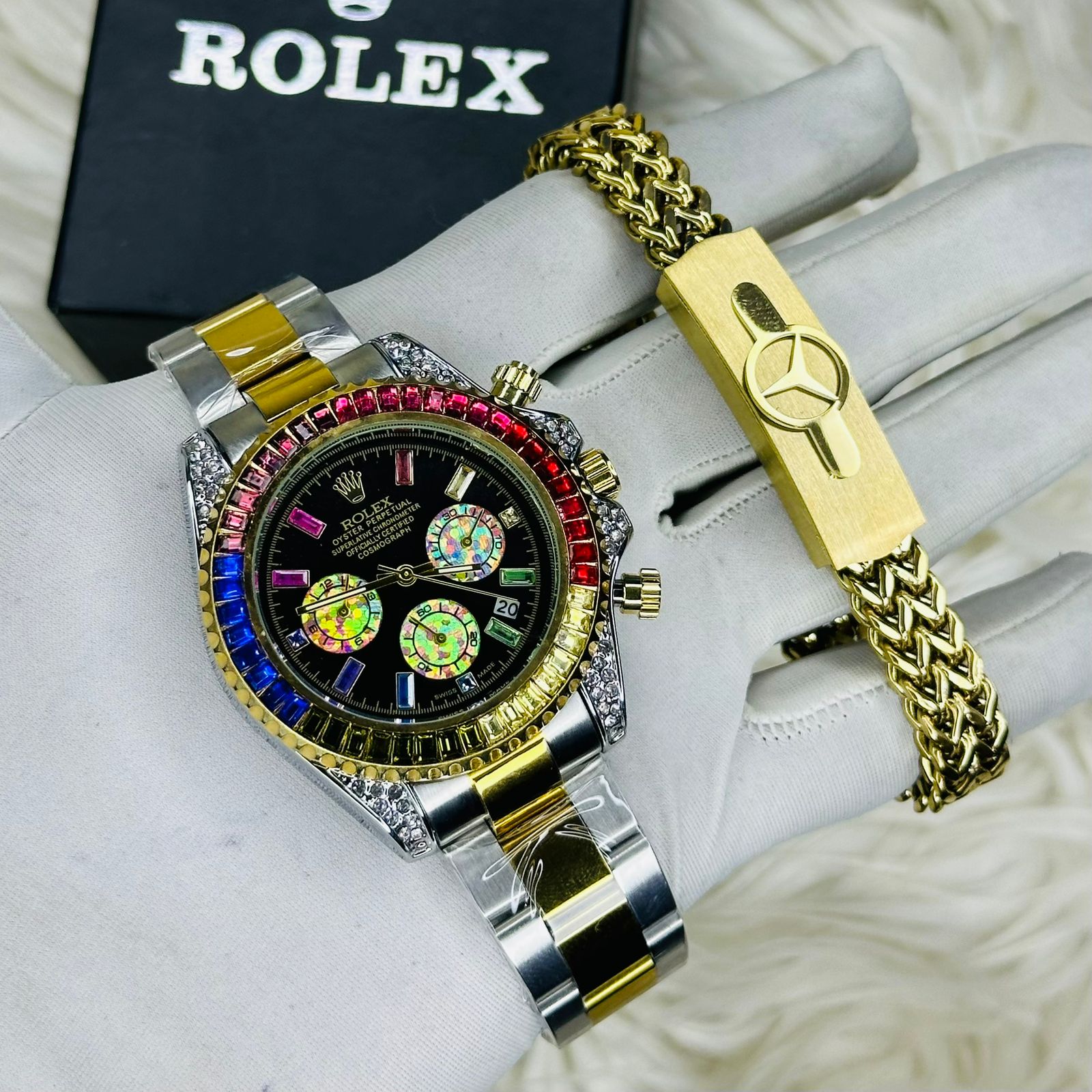 Premium Quality RLX Rainbow Black Watches & Bracelet Combo
