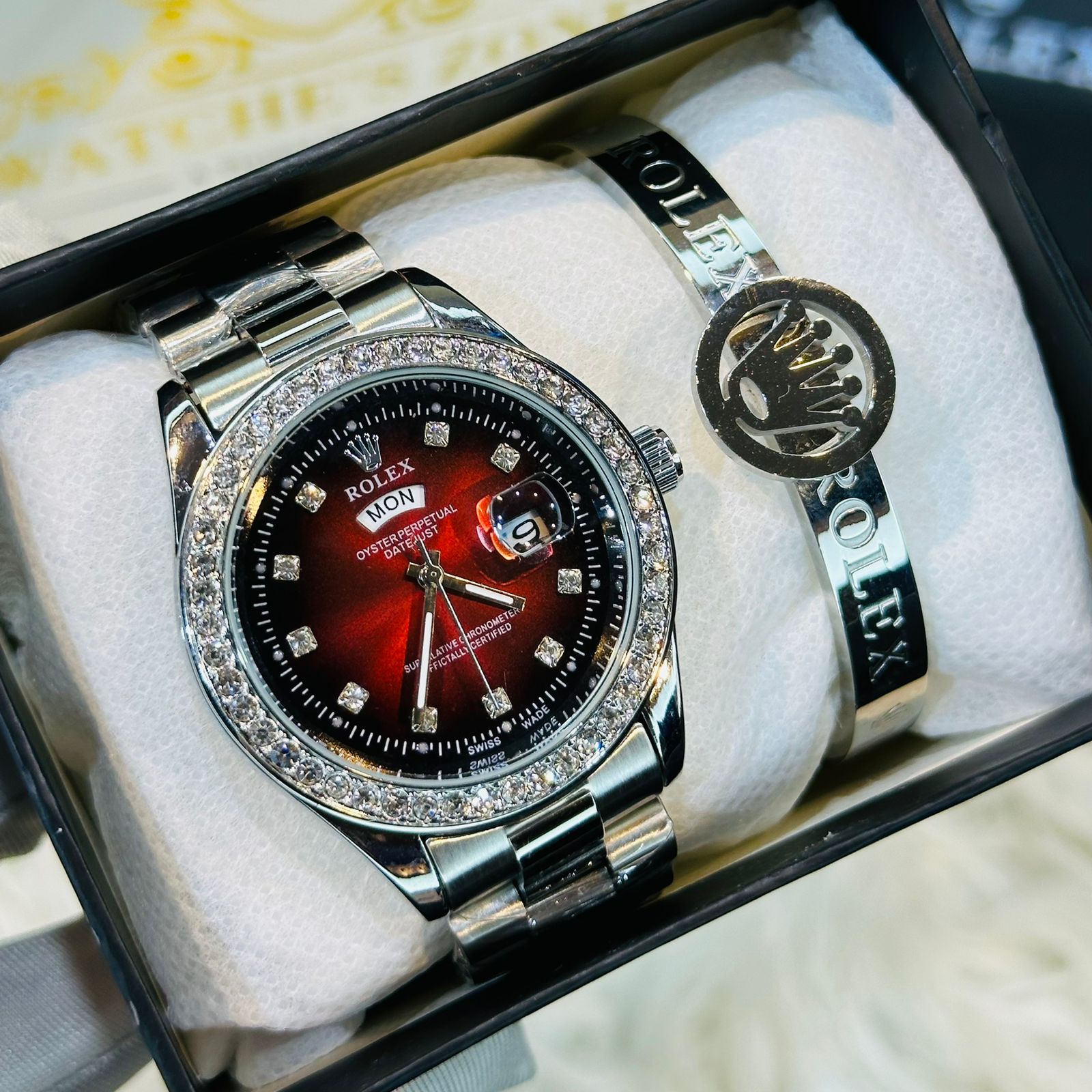 Premium Quality RLX Silver Red Watches & Ring Bracelet